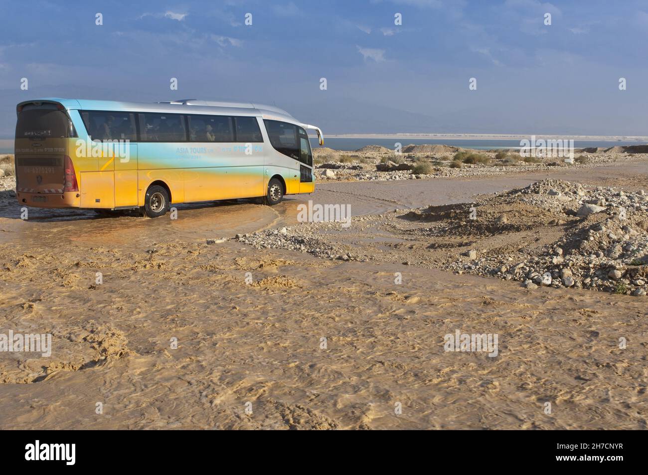 overland bus che guida su una strada allagata al Mar Morto, Israele Foto Stock
