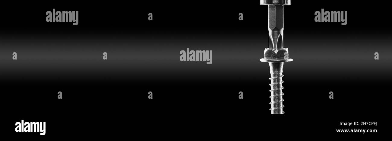 Vite in acciaio e cacciavite su sfondo scuro con un gradiente centrale. Formato banner. Foto Stock
