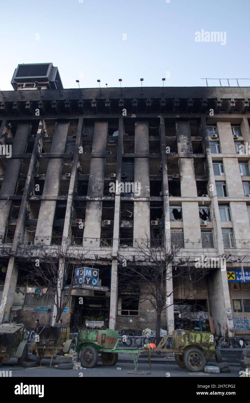 Casa dei sindacati a Kiev, Ucraina, bruciato durante la rivoluzione Ucraina Foto Stock