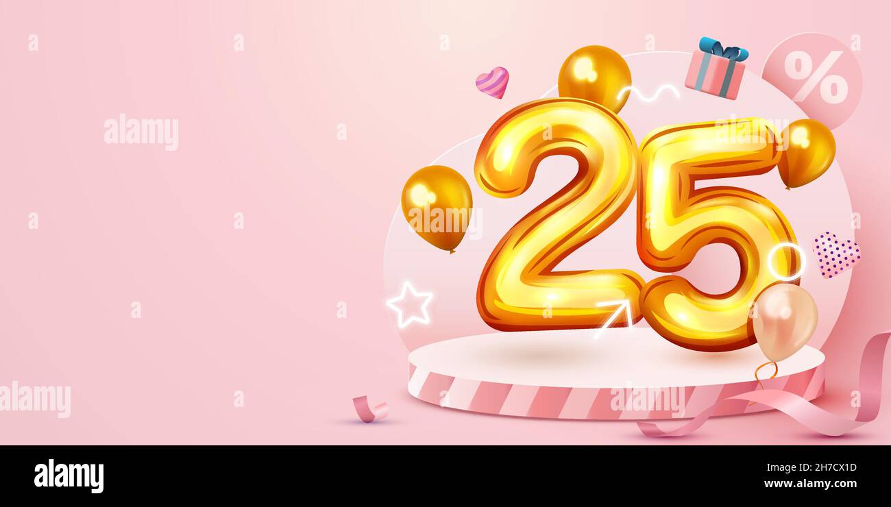 25% di sconto. Sconto composizione creativa. Golden vendita simbolo con oggetti decorativi, palloncini a forma di cuore e scatola regalo. Banner e poster di vendita. Illustrazione vettoriale. Illustrazione Vettoriale