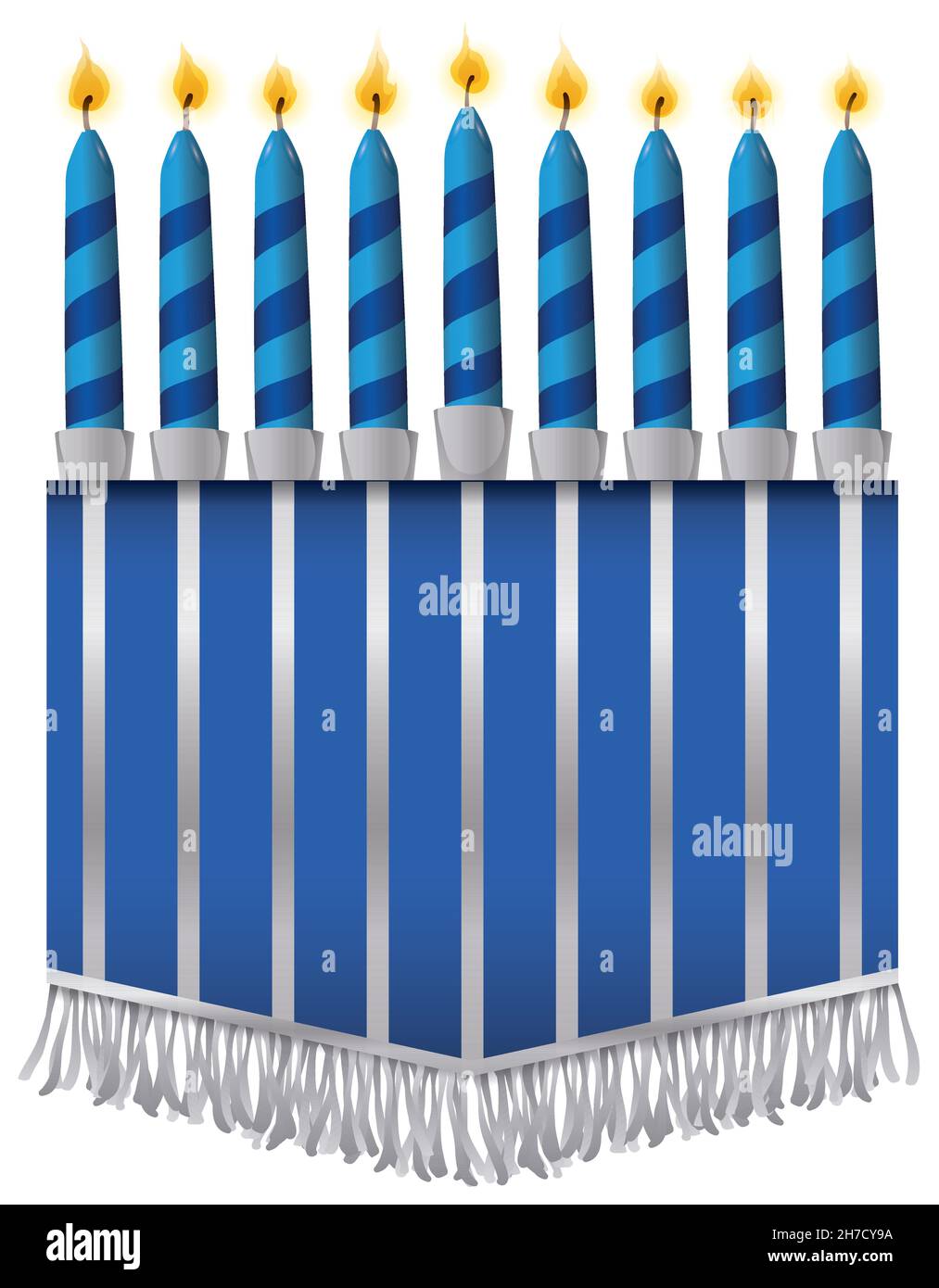 Candele blu, accese e a strisce come un hanukkiah su un pennant decorato con frange su sfondo bianco. Illustrazione Vettoriale