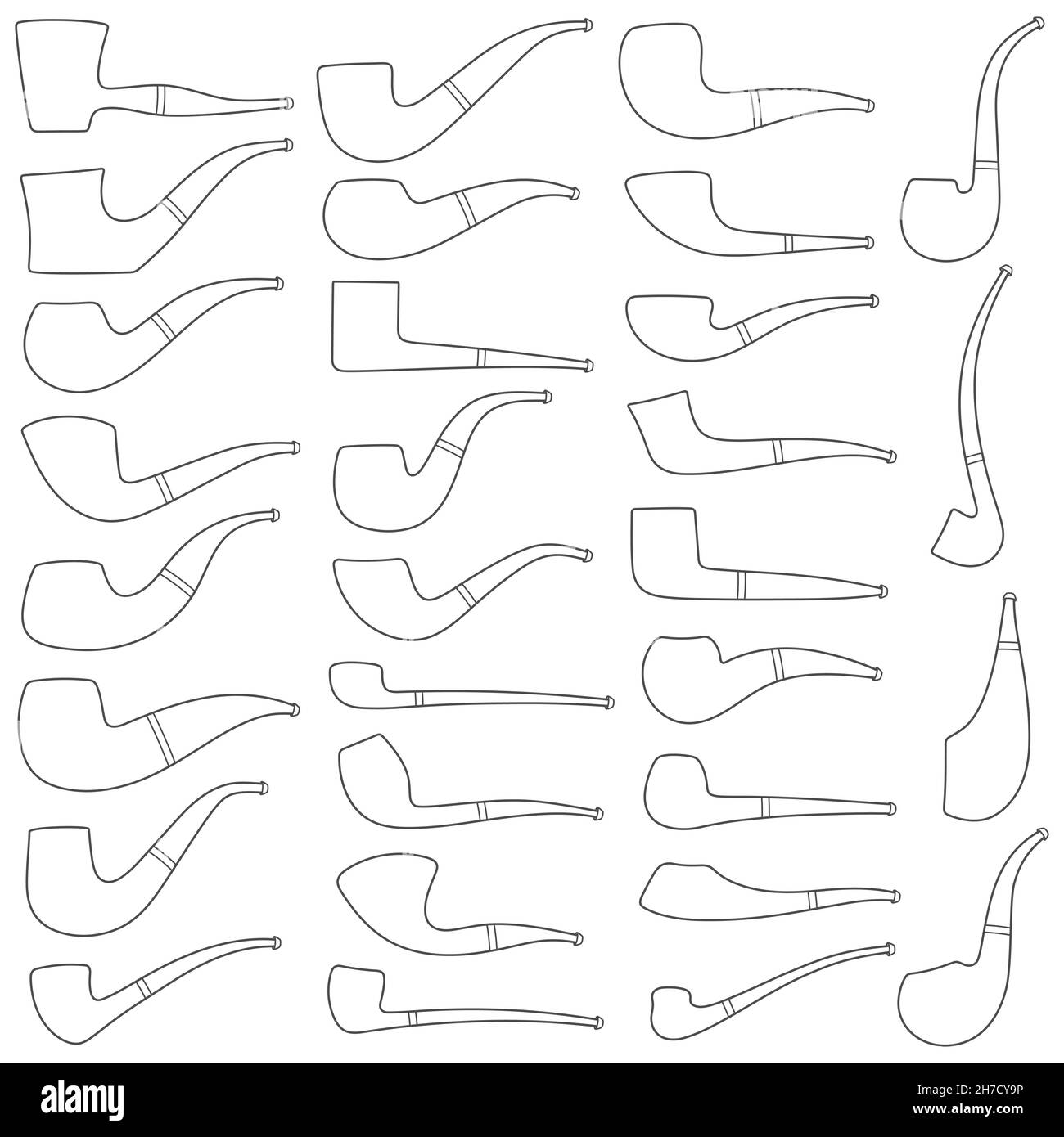 Set di illustrazioni in bianco e nero con l'immagine di tubi fumanti di forme e tipi diversi. Oggetti vettoriali isolati su sfondo bianco. Illustrazione Vettoriale