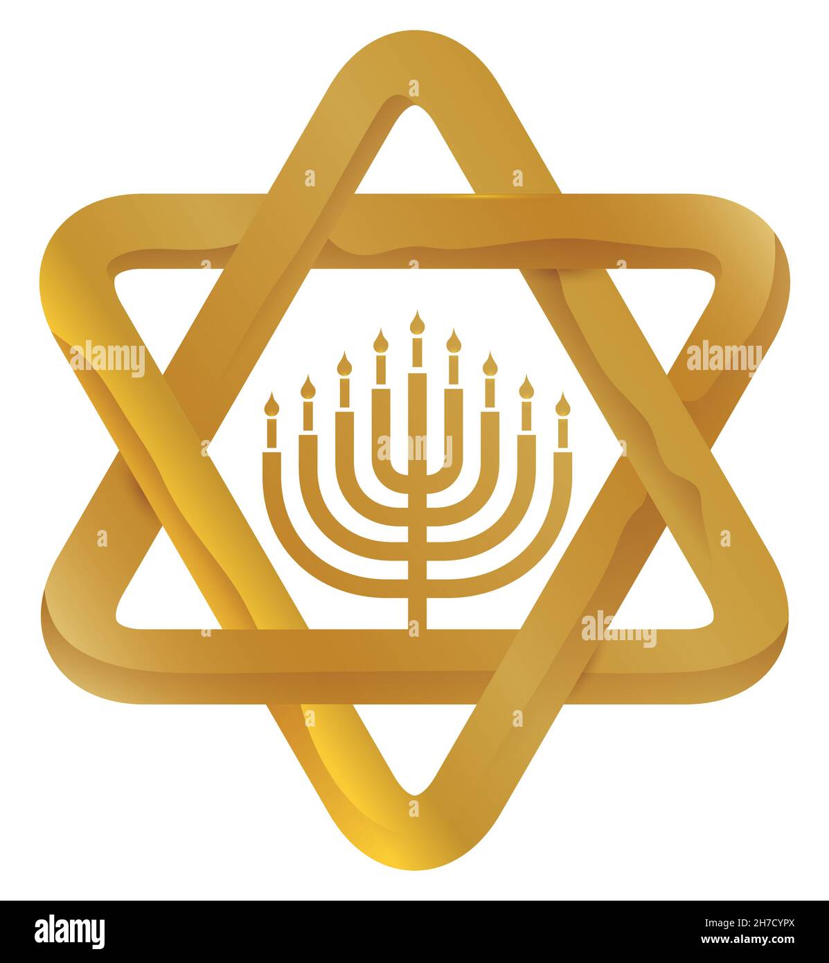 Design commemorativo per la celebrazione ebraica di Hanukkah con la stella dorata di David e la silhouette di hanukkia al suo interno. Illustrazione Vettoriale