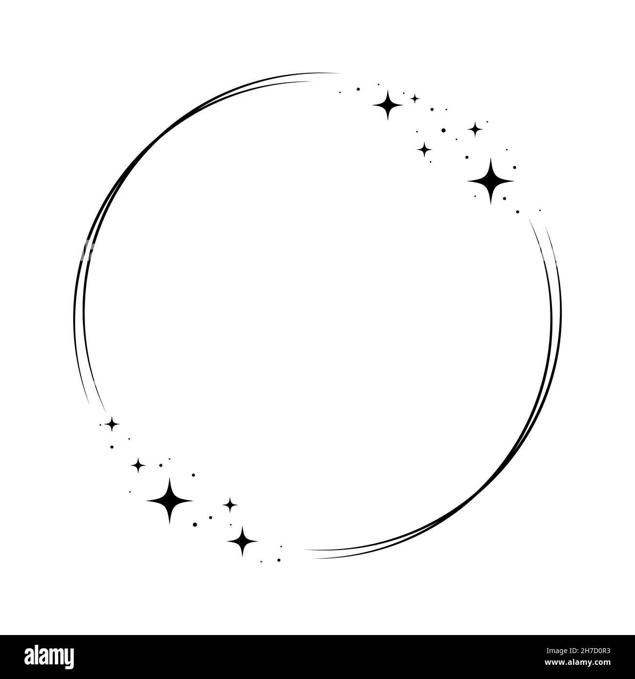 Cornice a stella scintillante. Corona rotonda Stardust bordo per festa, design arredamento compleanno. Telaio Laurel con brillantezza cosmica. Illustrazione del vettore piatto nero isolato. Illustrazione Vettoriale