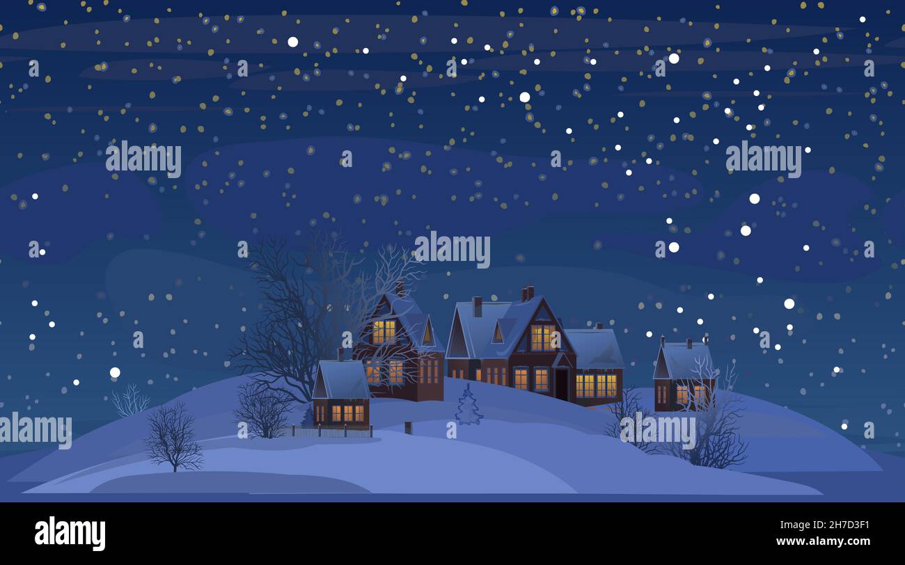 Villaggio. Case rurali in inverno. Notte di Christmasc. Serata tranquilla e gelida. Il tetto a timpano è coperto di neve. Paesaggio di campagna piacevole e accogliente. Piatto Illustrazione Vettoriale