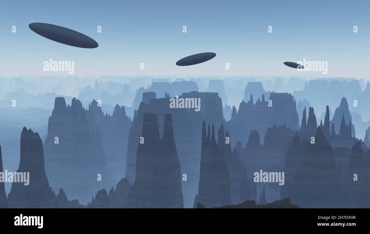 Tre astronavi alieni che volano sulle montagne, sfondo di illustrazione di fiction Foto Stock