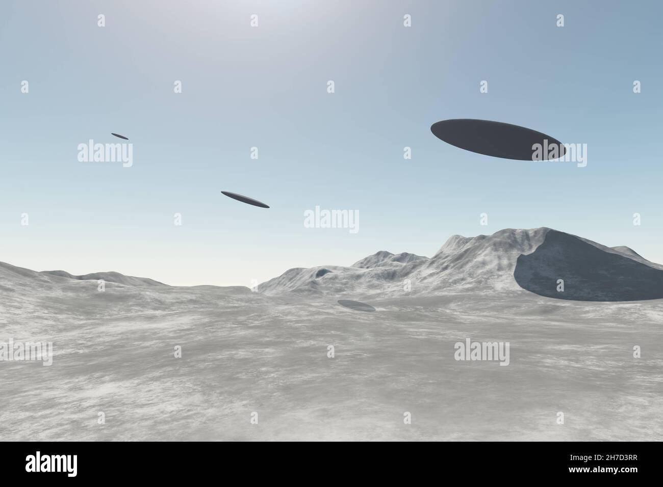 UFO astronavi alieni che volano sulle montagne alla luce del giorno. Illustrazione del rendering 3D di tre oggetti volanti non identificati Foto Stock
