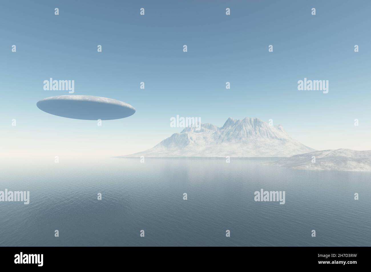 UFO alieno che vola sulla superficie del mare, sfondo naturale di montagna. Illustrazione 3D Foto Stock
