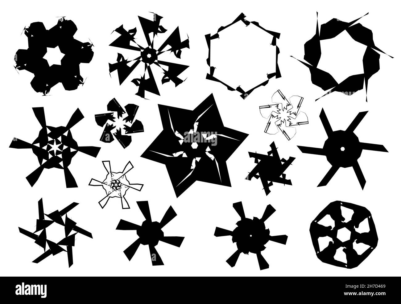 Stelle in bianco e nero e fiocchi di neve forme isolate su sfondo bianco, set di illustrazioni vettoriali, collezione di icone vettoriali Foto Stock