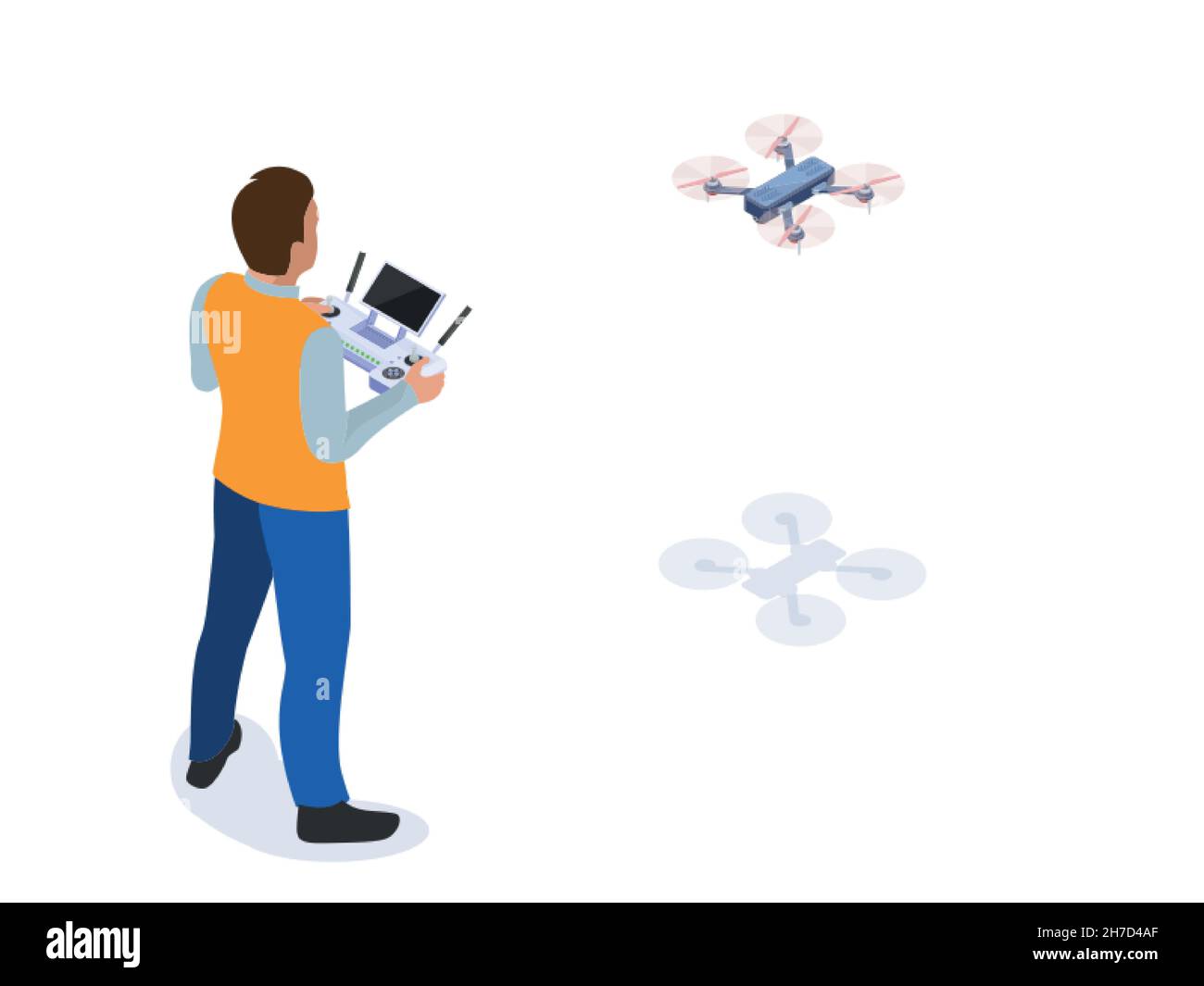 Personaggio isometrico uomo con pannello di controllo drone e drone volante. Illustrazione isolata su sfondo bianco. Illustrazione Vettoriale