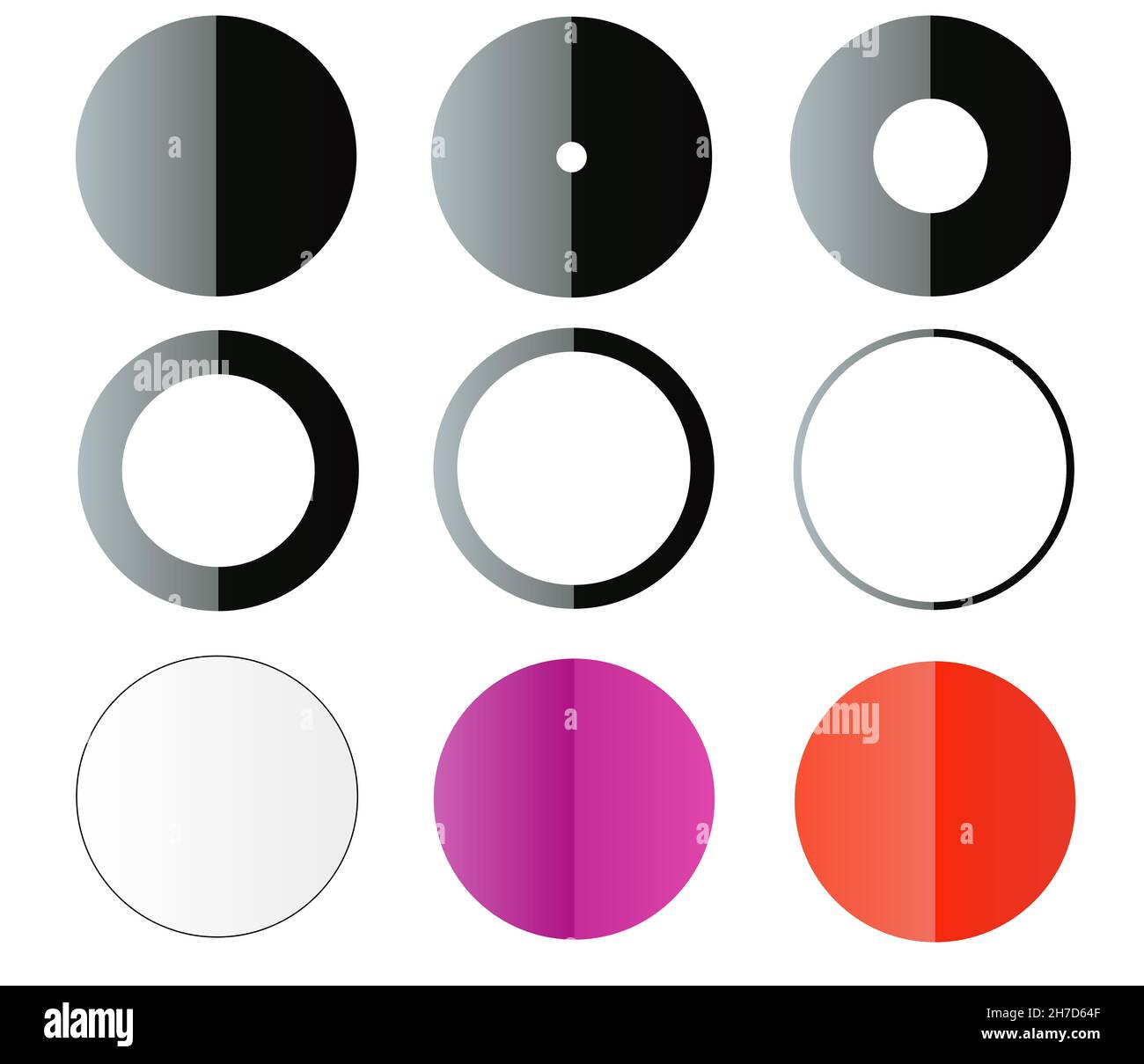 Diversi tipi di forme di sfera isolate su sfondo bianco. Cerchi fantasia set Foto Stock