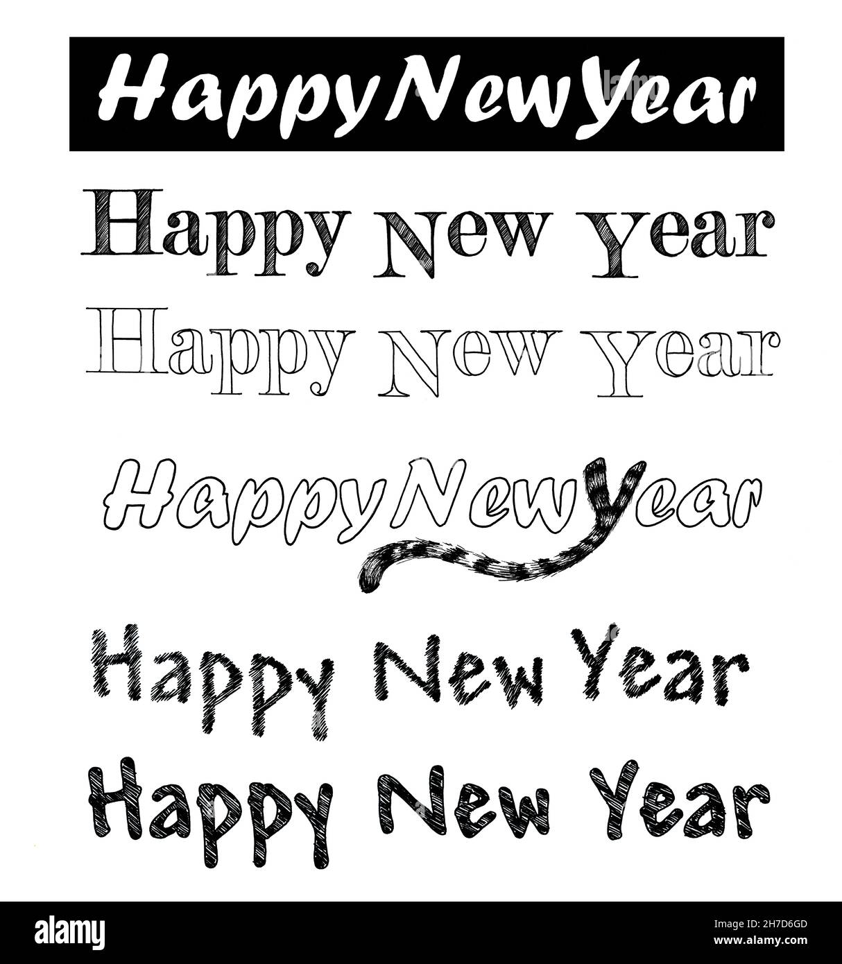 Composizione scritta a mano con scritta a pennello calligrafica di Felice anno nuovo su sfondo bianco Foto Stock