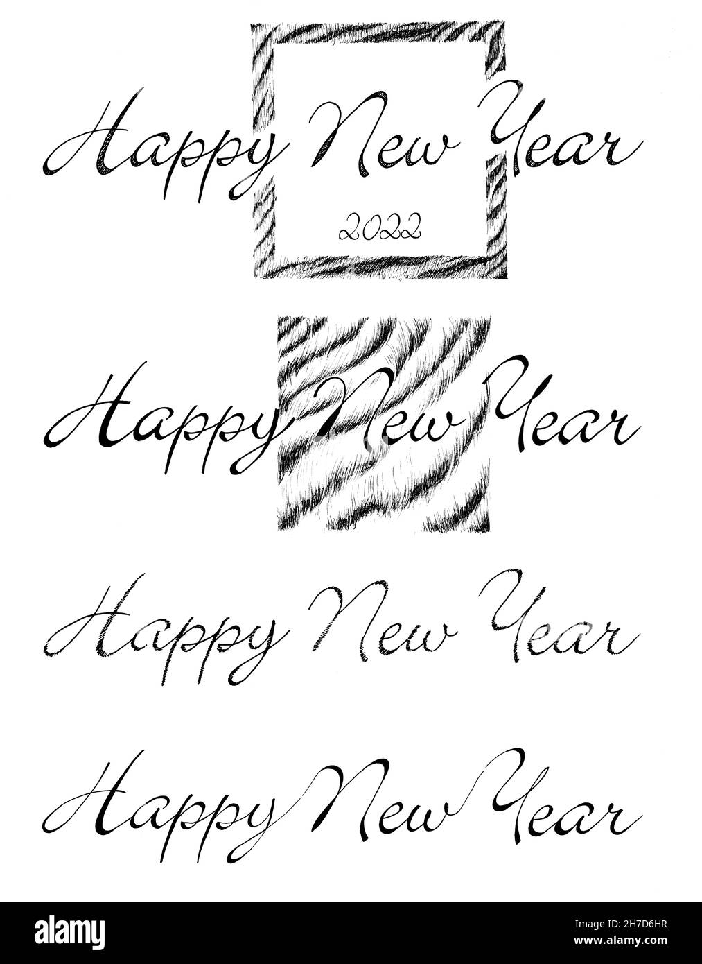 Composizione scritta a mano con scritta a pennello calligrafica di Felice anno nuovo su sfondo bianco Foto Stock