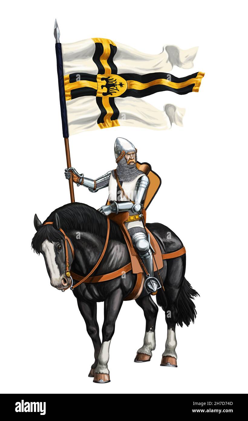 Cavaliere teutonico montato. Cavaliere medievale. XVc. Illustrazione digitale storica. Foto Stock