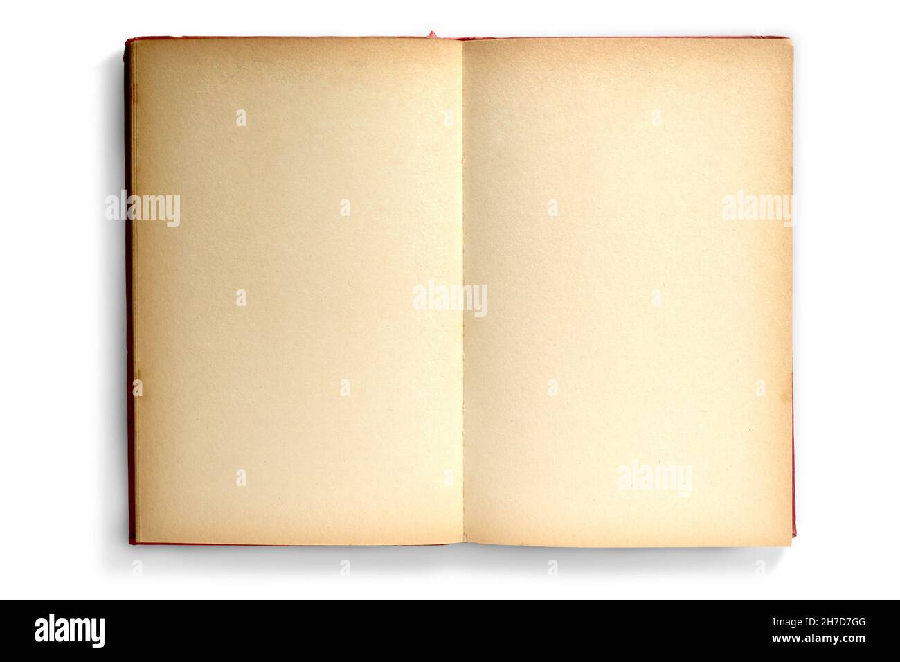 Vecchio libro aperto con pagine vuote stressate per il disegno e il testo, girato da sopra vista degli occhi degli uccelli per vedere la doppia pagina sparata Foto Stock