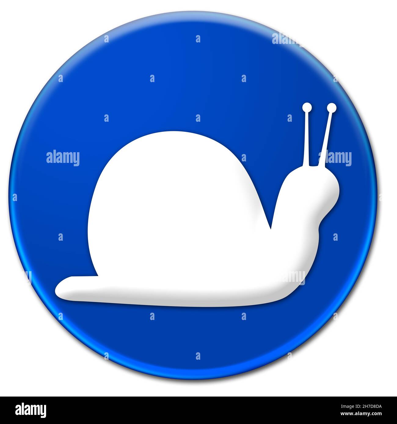 Icona bianca con il simbolo della lumaca su un pulsante blu vetroso isolato su sfondo bianco Foto Stock