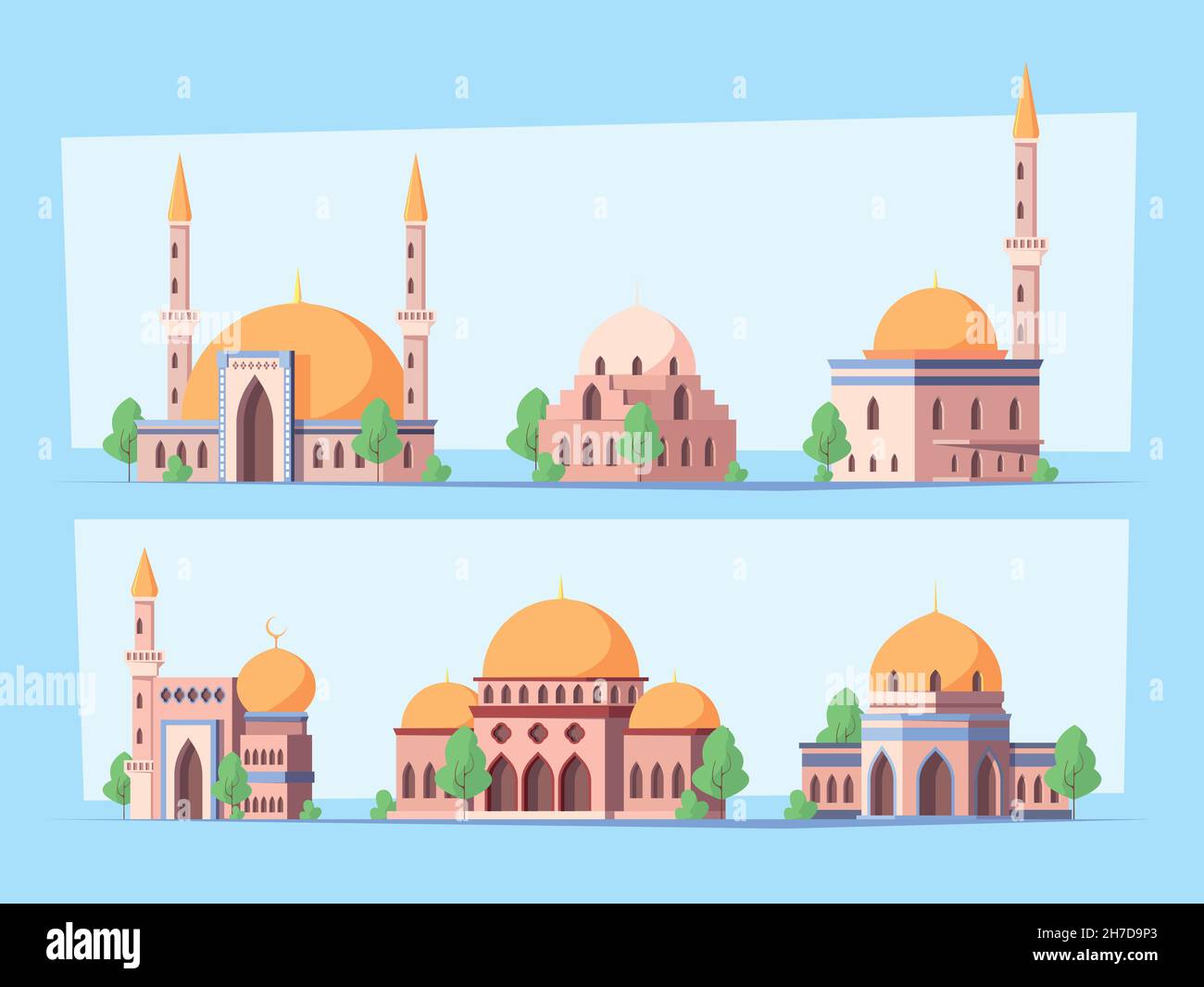 Moschea. Religione musulmana edifici grande sheikh sultan arabesque casa garish vettore moschea piatta costruzione tetti con cupole Illustrazione Vettoriale