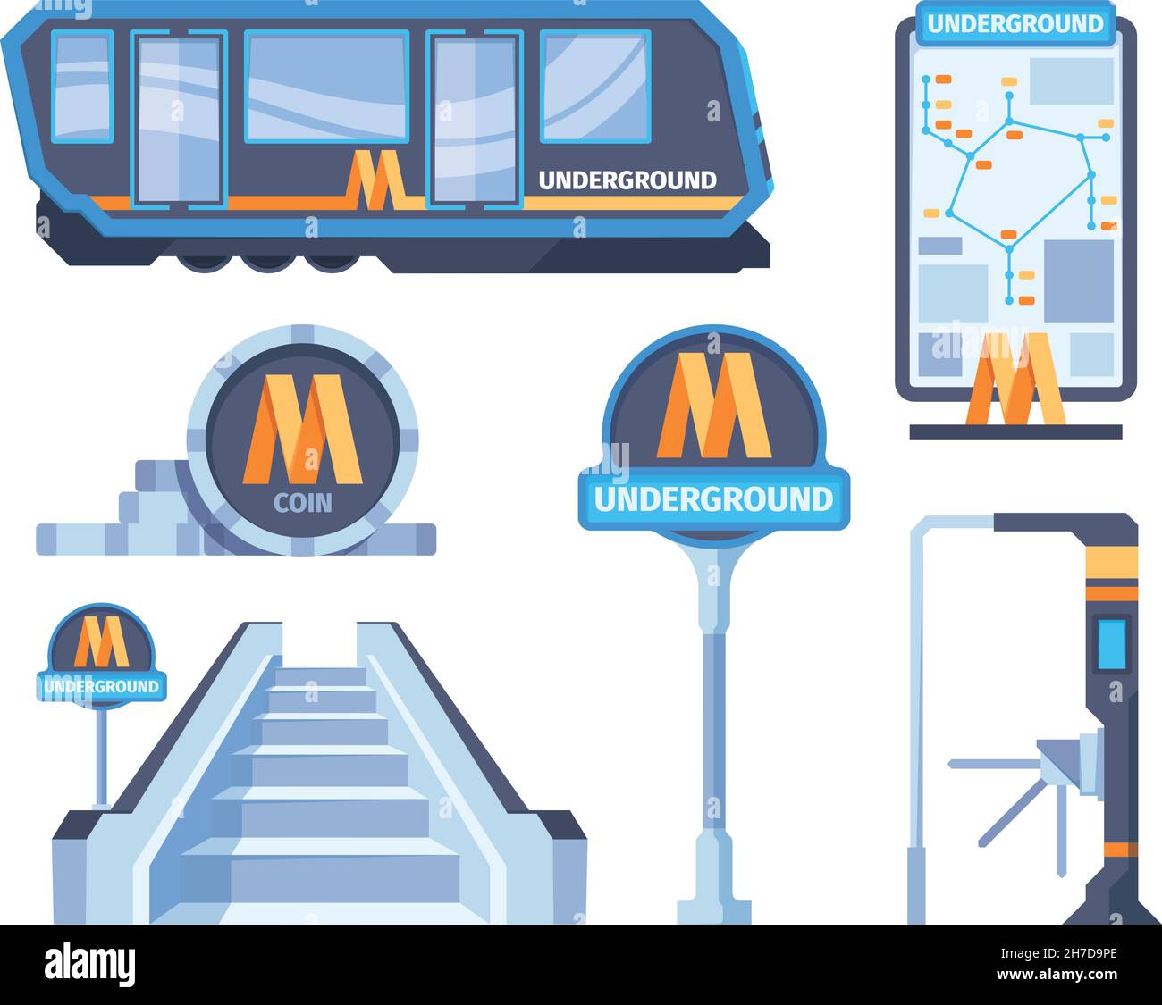 Simboli della metropolitana. Treni della città metropolitana trasporto urbano metrobus transito metropolitana sistemi scale rampe tornelli segni Garish vettore immagini piatte Illustrazione Vettoriale