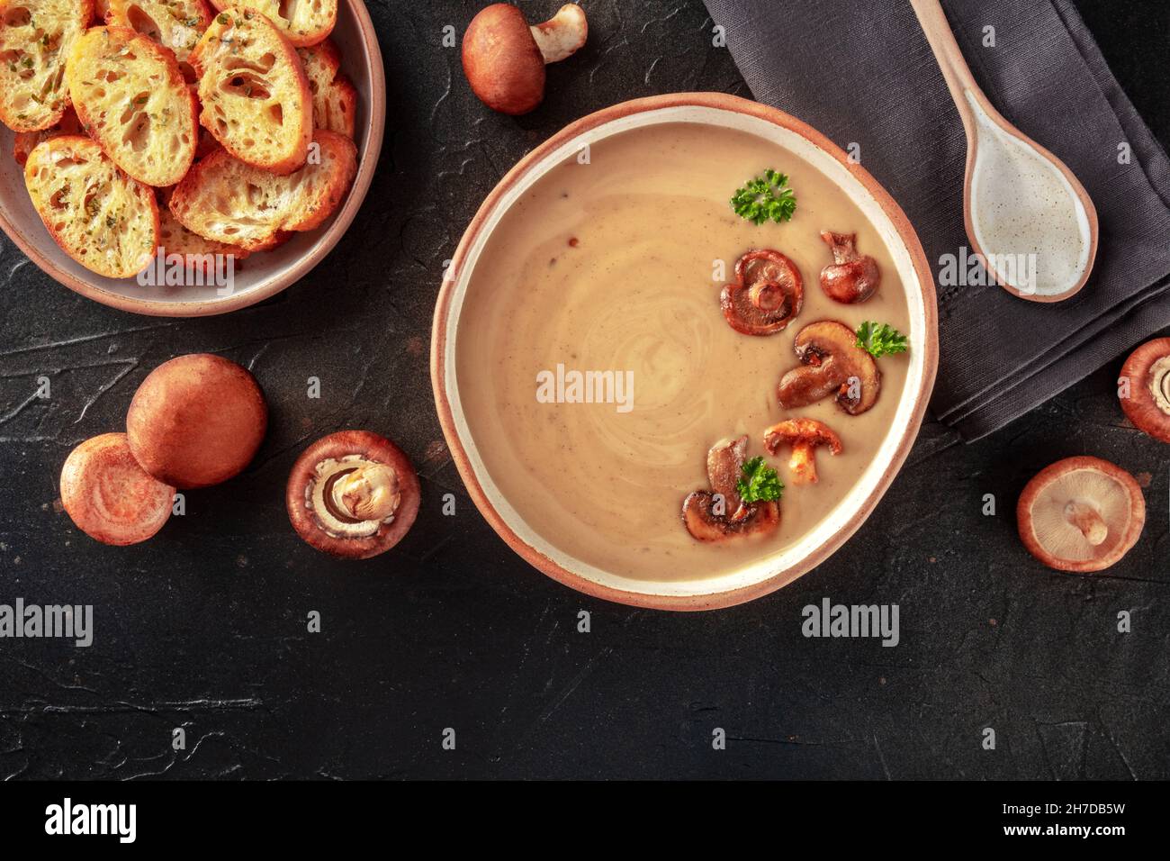 Zuppa di funghi con ingredienti e pane tostato, sparato dall'alto su sfondo nero con spazio copia Foto Stock