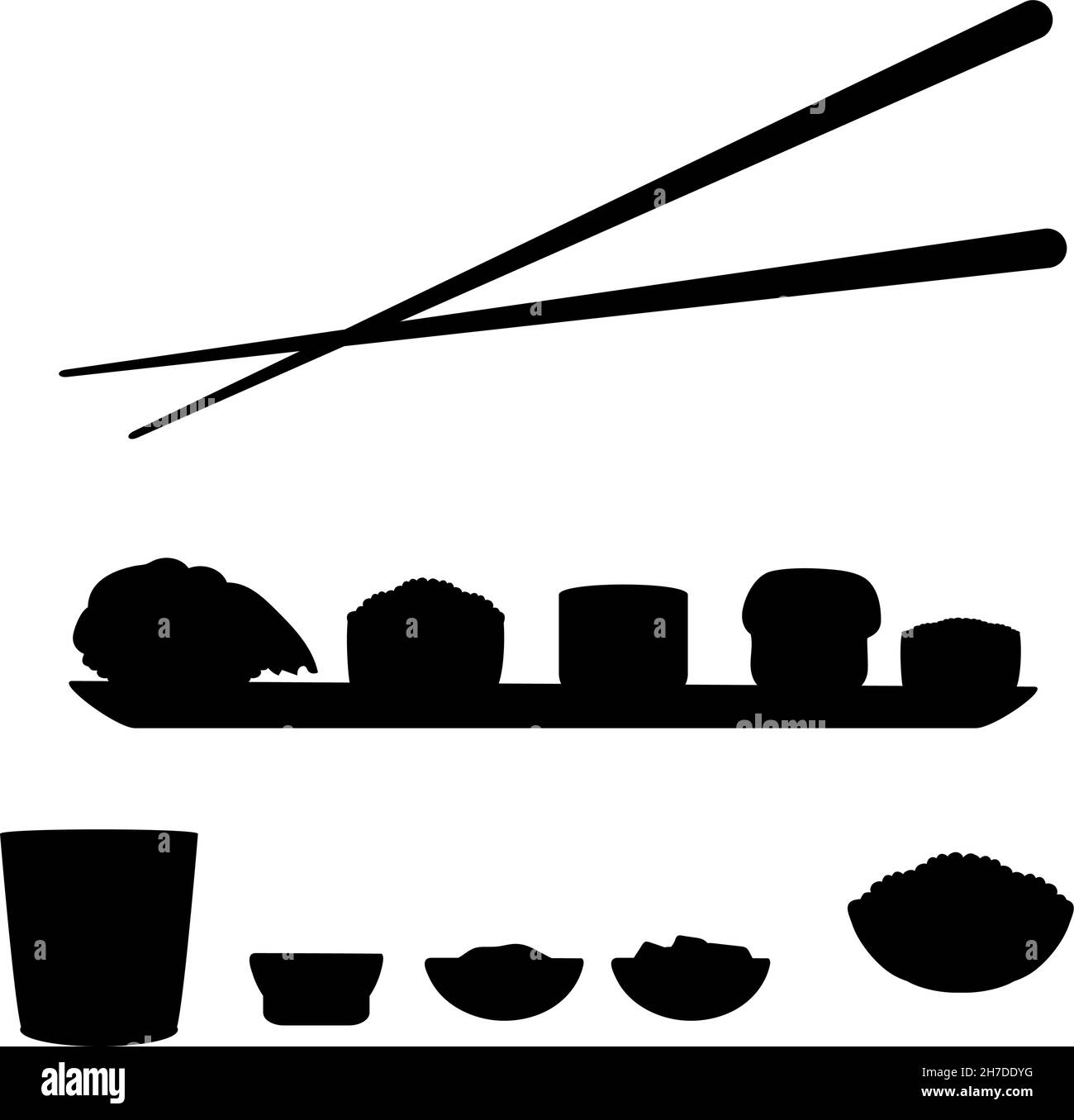 Silhouettes Sushi Rolls nigiri maki zenzero wasabi salsa di soia riso. Illustrazione Vettoriale