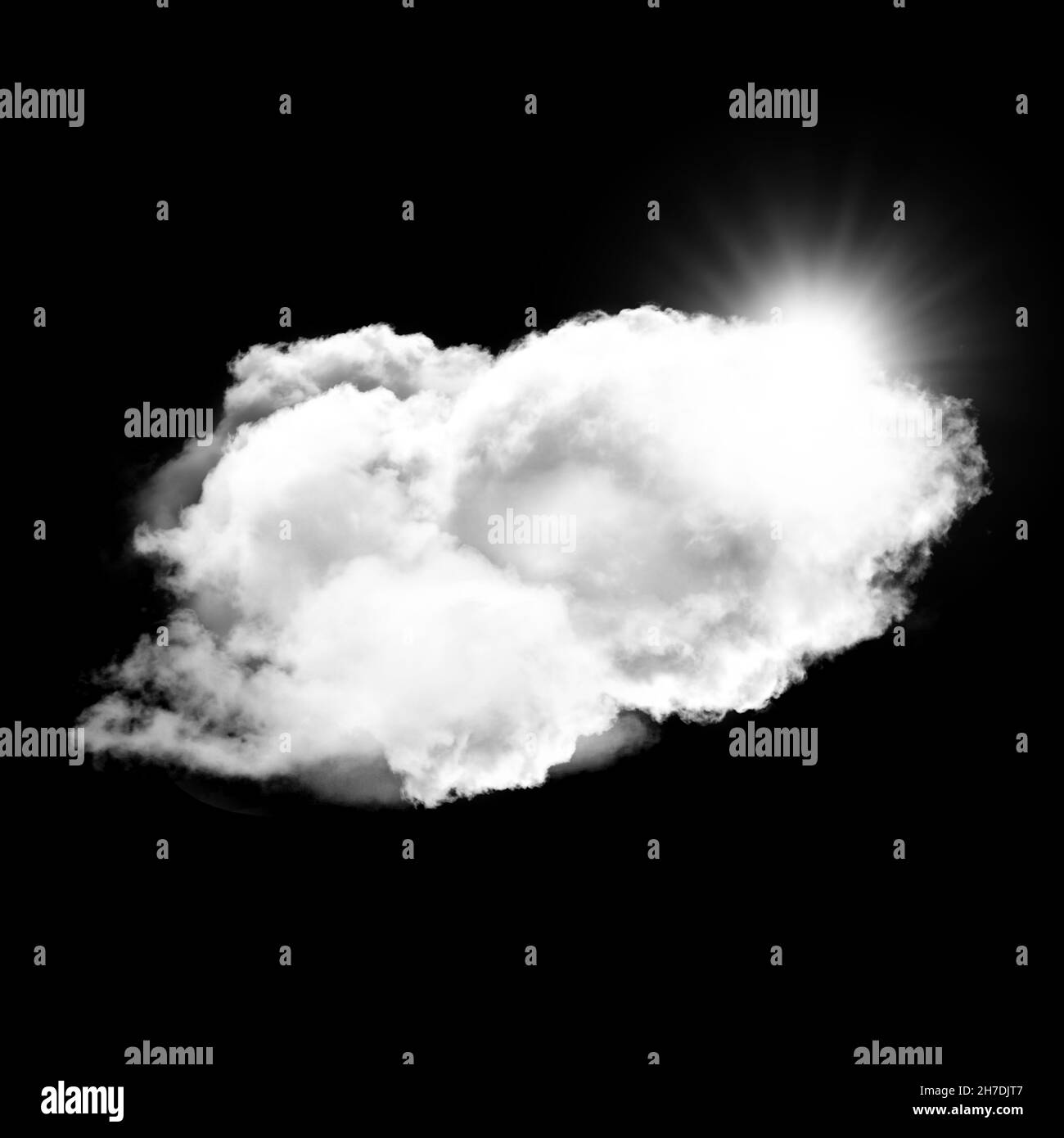 Nuvola bianca soffice con sole dietro di essa isolata su sfondo nero, illustrazione del rendering 3D, elementi di design Foto Stock