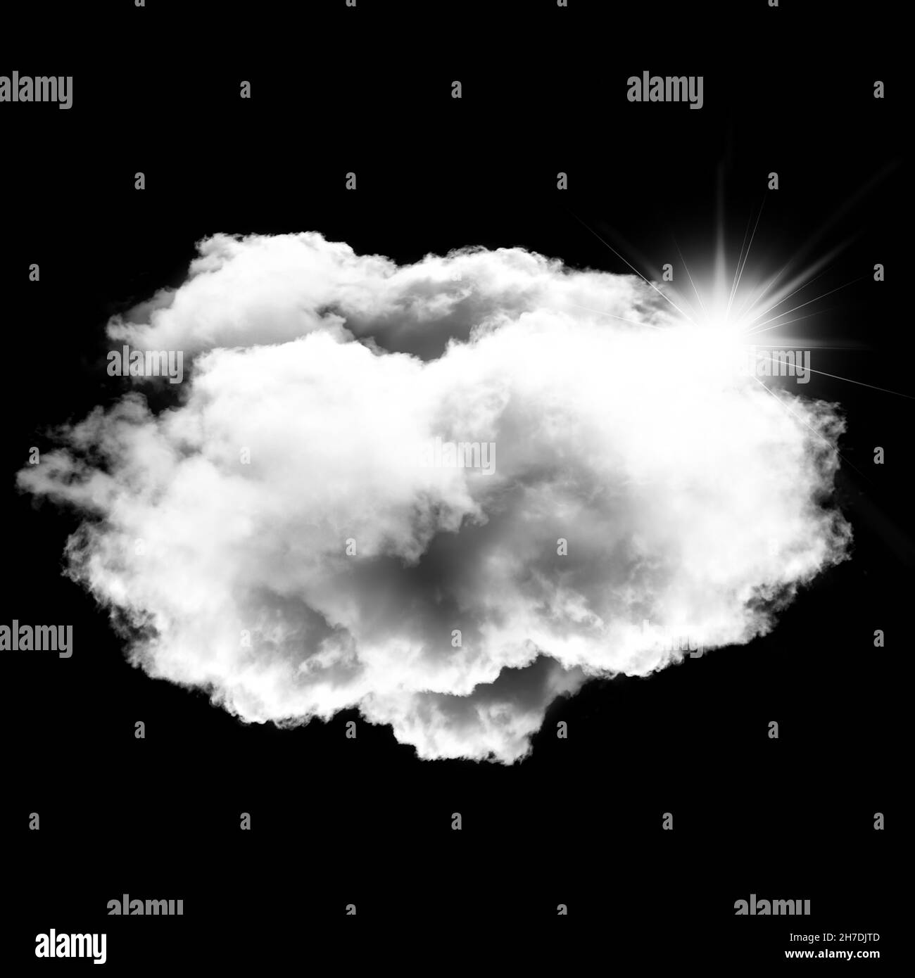 Nuvola rotonda bianca singola con sole luminoso dietro di essa isolata su sfondo nero, illustrazione di rendering 3D, elementi di design Foto Stock