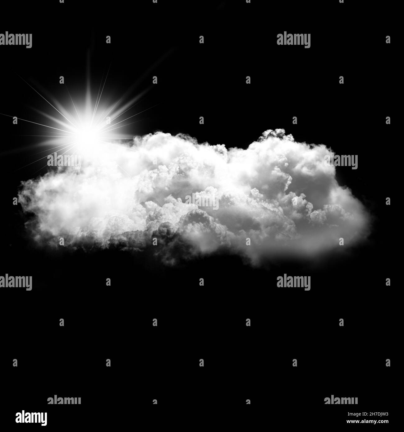 Nuvola bianca con un sole dietro di essa isolata su sfondo nero, illustrazione di rendering 3D, elementi di design. Nuvola soleggiato Foto Stock