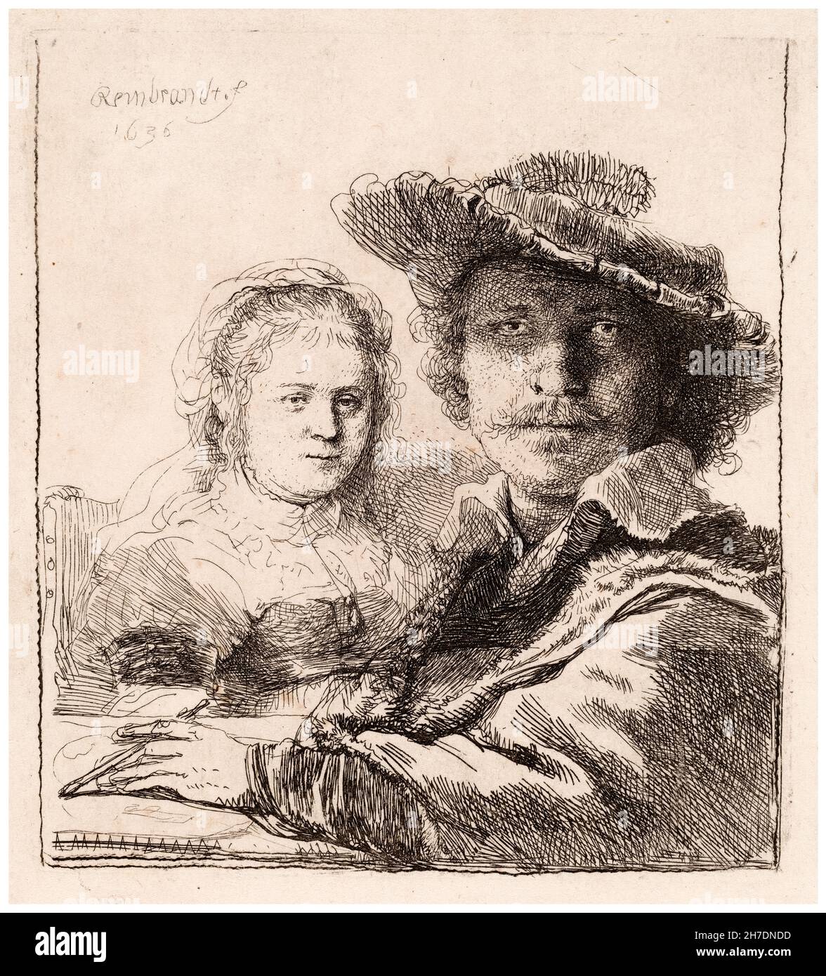Rembrandt van Rijn, autoritratto con Saskia, Etching, 1636 Foto Stock