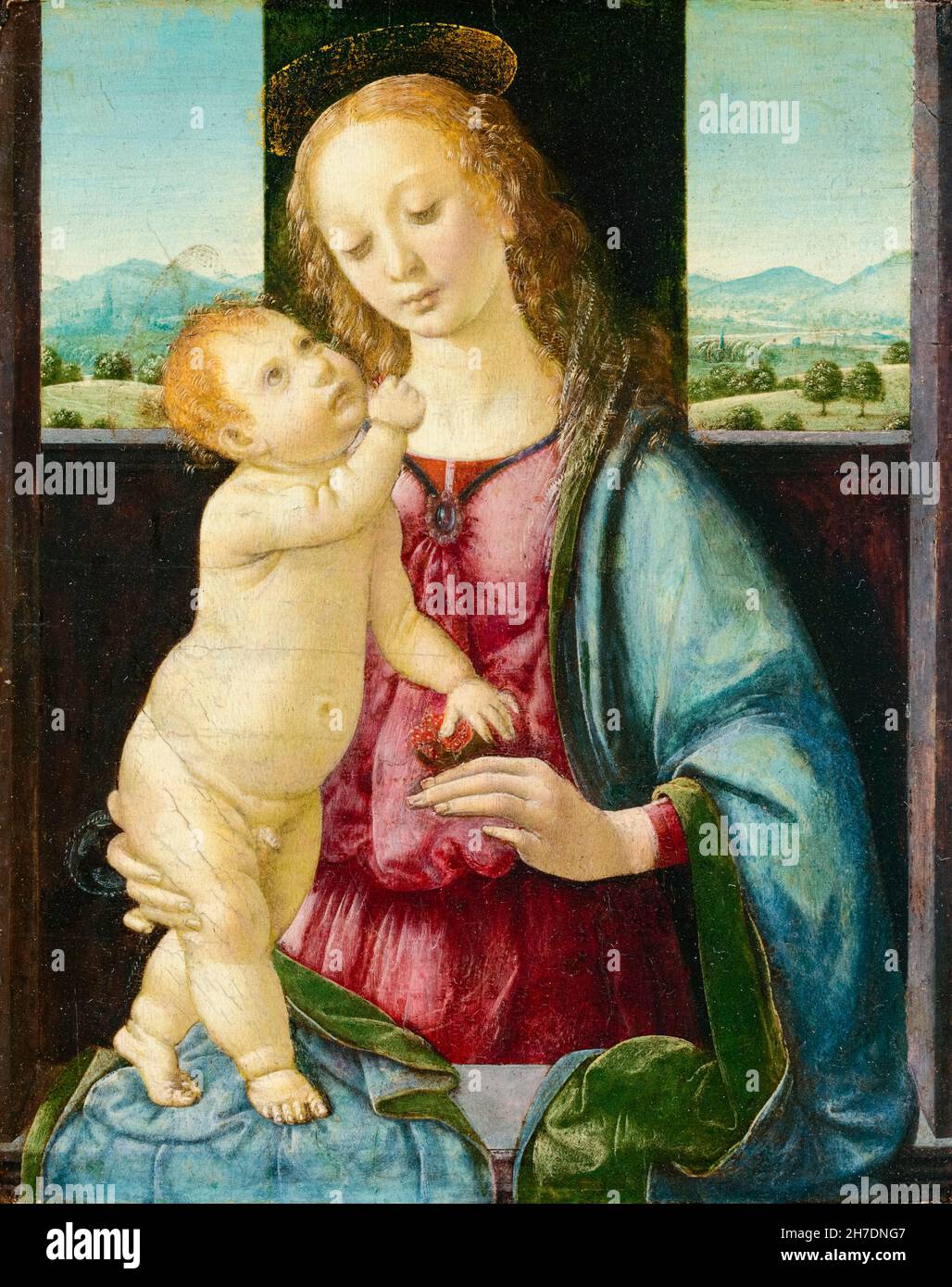 Lorenzo di Credi pittura, Madonna col Bambino con un Pomegranato, 1475-1480 Foto Stock