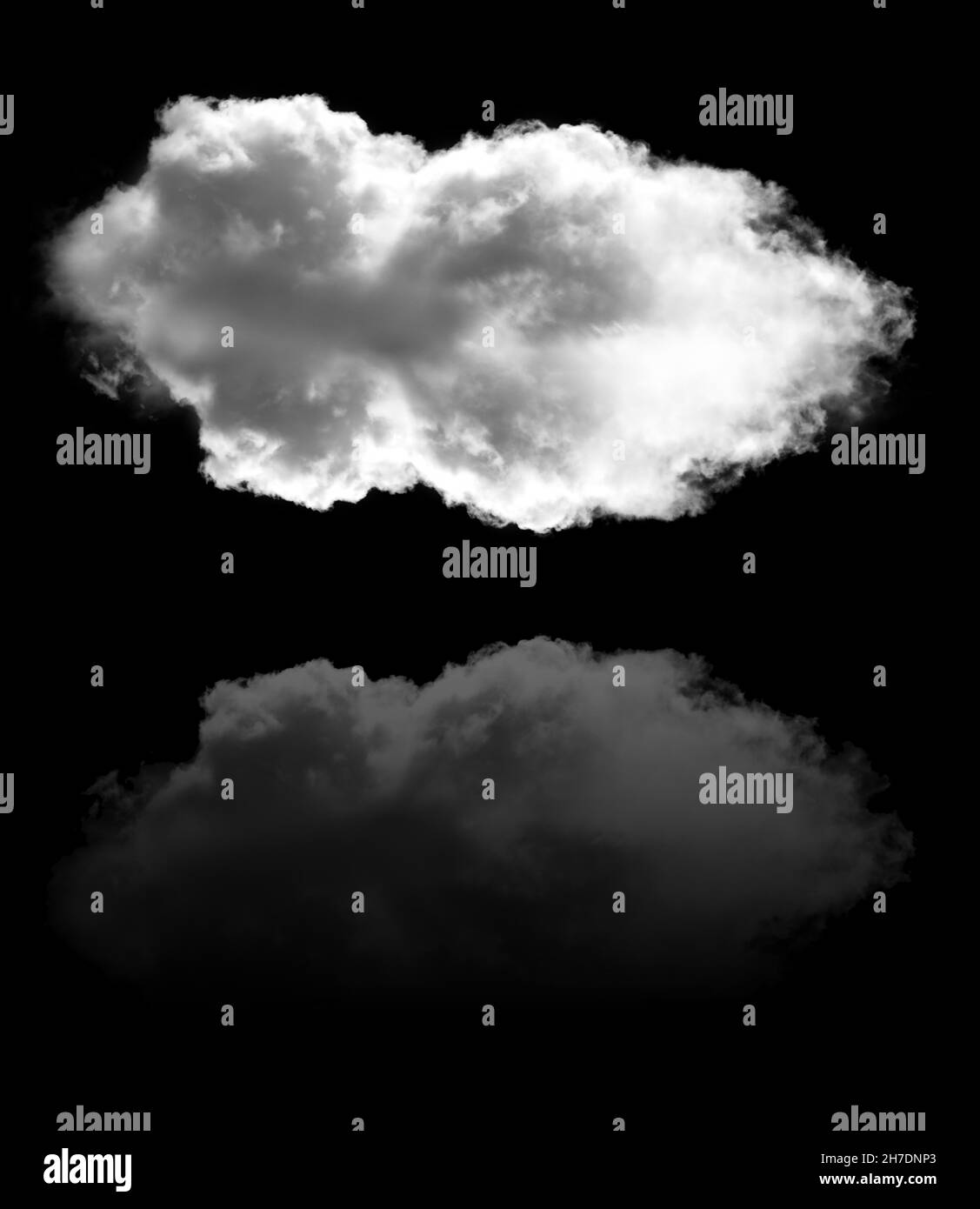 Il cloud e il suo riflesso volano su sfondo nero, illustrazione del rendering 3D. Elementi nuvole Foto Stock