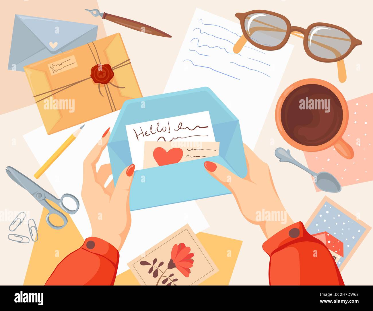Busta con le mani. Scrivere lettere posta, buste di carta da tavolo, me lettera, cartoline postali, foglio manoscritto, comunicazione dei messaggi, cartoon chiara illustrazione vettoriale. Messaggio e-mail su busta Illustrazione Vettoriale