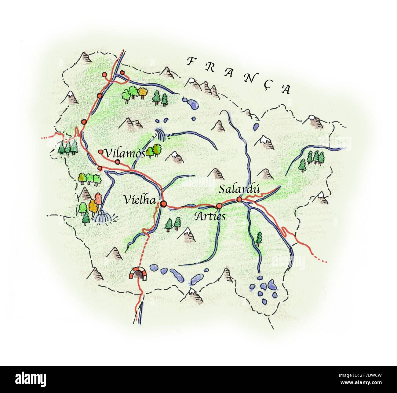 Illustrazione della mappa delle matite colorate della valle di Aran Foto Stock