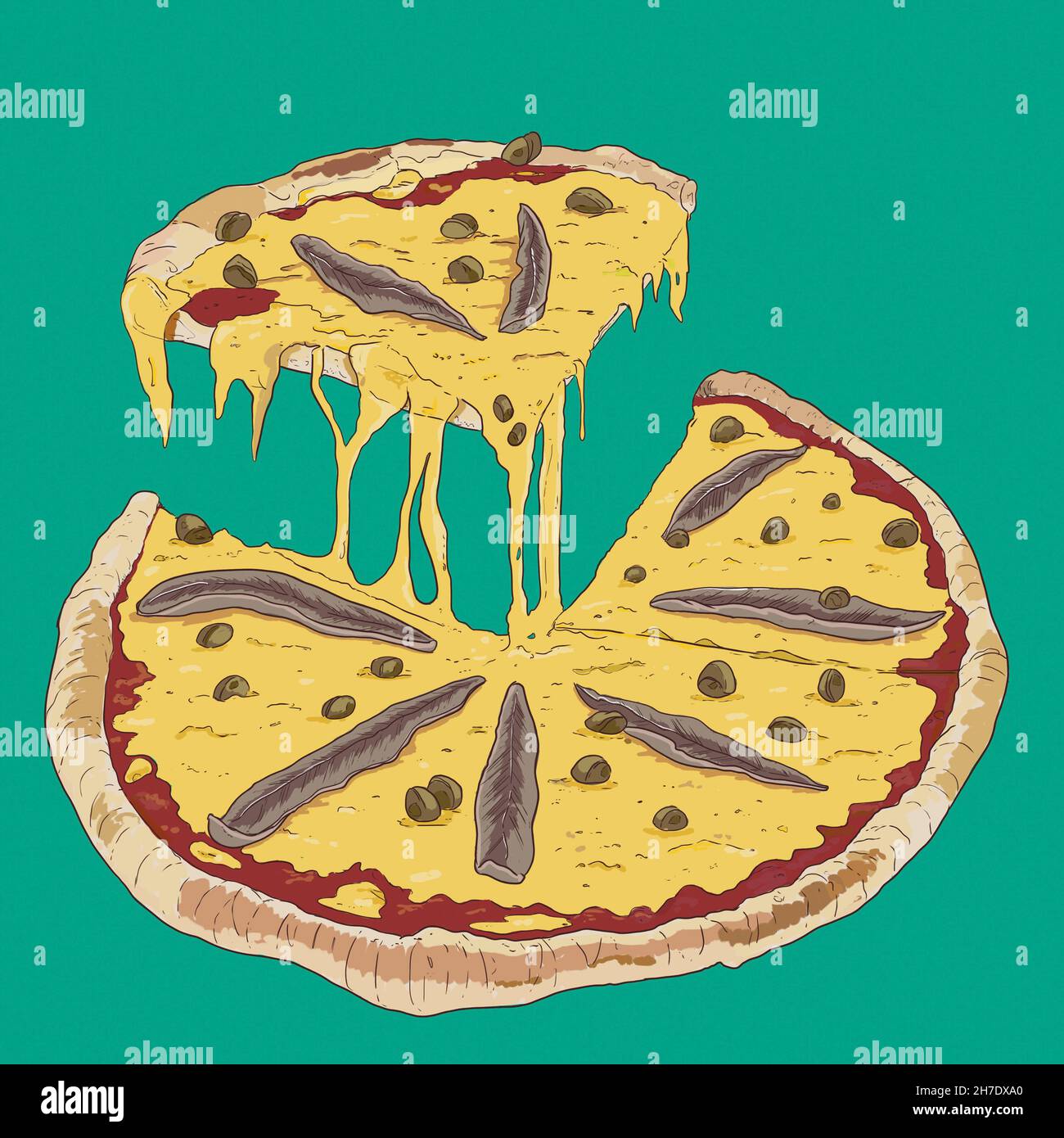 Pizza con acciughe, a fette (illustrazione) Foto Stock