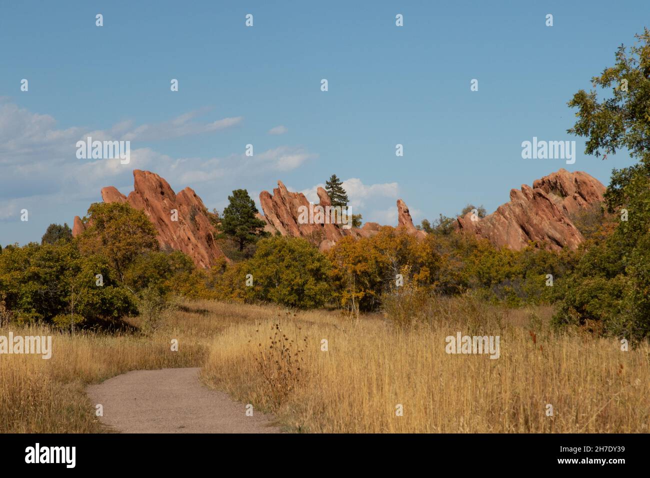 Un percorso escursionistico conduce attraverso formazioni rocciose nel Roxborough state Park del Colorado. Foto Stock