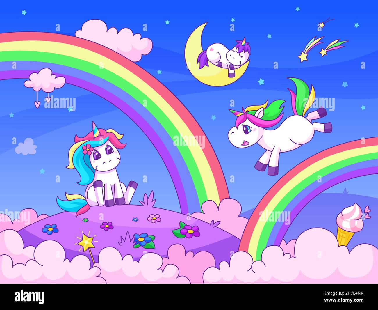Sfondo unicorno divertente. Dolci unicorni delle fate, pony carino sull'arcobaleno. Animali cartoni animati di bellezza, meraviglia magica. Paesaggio vettoriale per bambini Illustrazione Vettoriale