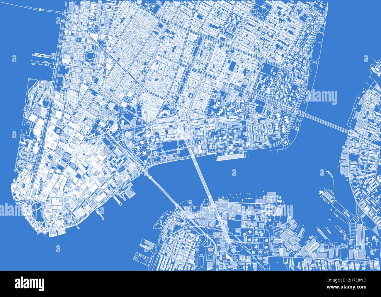 Vista satellitare della mappa di New York, edifici e strade di Manhattan e Brooklyn, edifici 3d. NEW YORK. Plesso, ologramma ed effetto mappa. Foto Stock