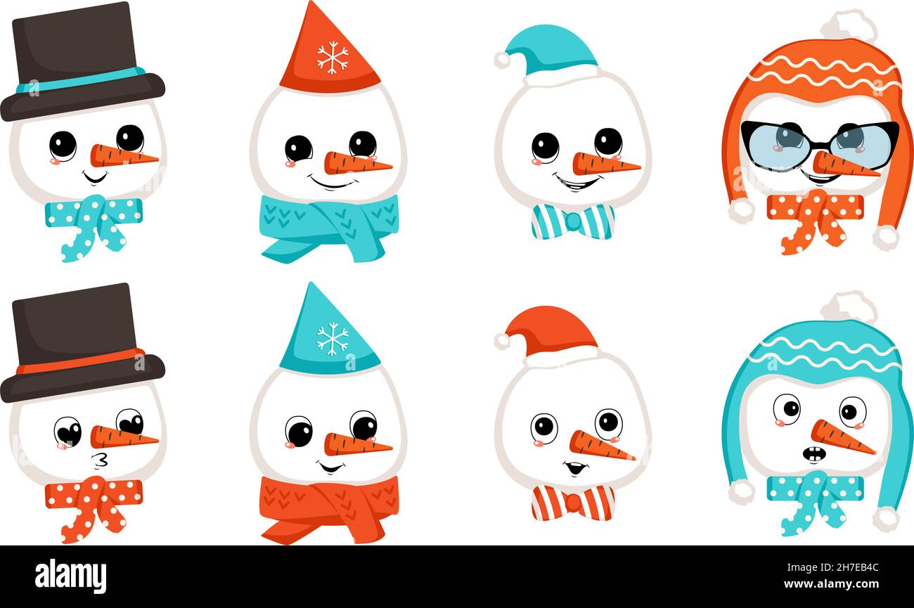 Snowman con emozioni felici in cappello o cappello. Carino personaggio con volto gioioso in costume festivo per Capodanno e Natale. Testa con insieme di emozioni divertenti e spaventate. Illustrazione piatta vettoriale Illustrazione Vettoriale