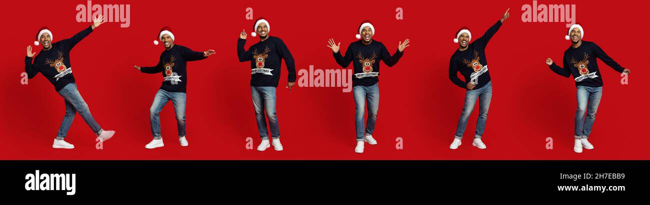 Ragazzo nero divertente in Santa cappello che si muove su rosso, collage Foto Stock