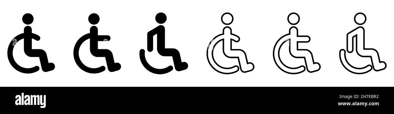 Icona della sedia a rotelle impostata. Simbolo per disabili in stile flat e line art. Design per mobile e web design. Concetto di disabilità Illustrazione Vettoriale