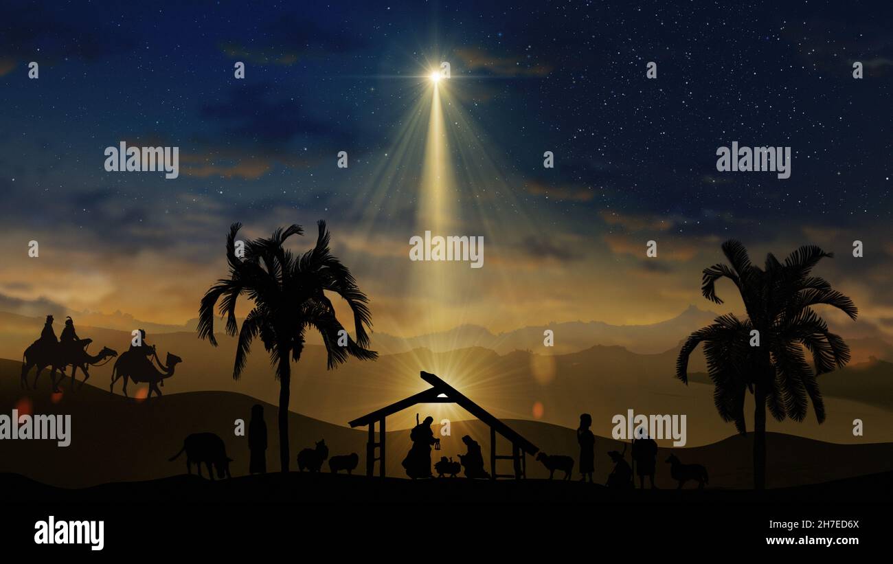 Scena di Natale con stelle scintillanti e stella più luminosa di Betlemme con personaggi natività animati animali e alberi. Natale storia unde Foto Stock