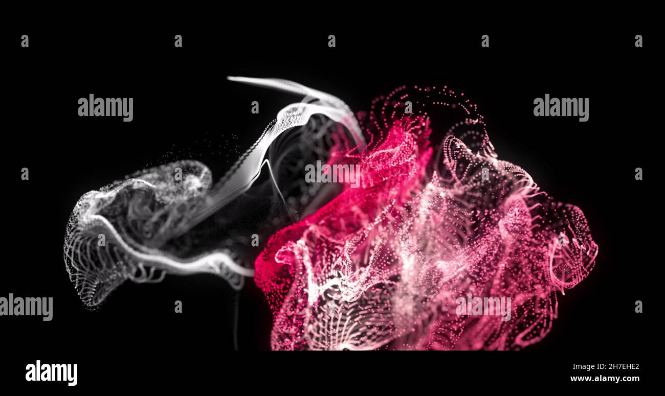 Immagine di particelle rosse e bianche che si muovono su sfondo nero Foto Stock