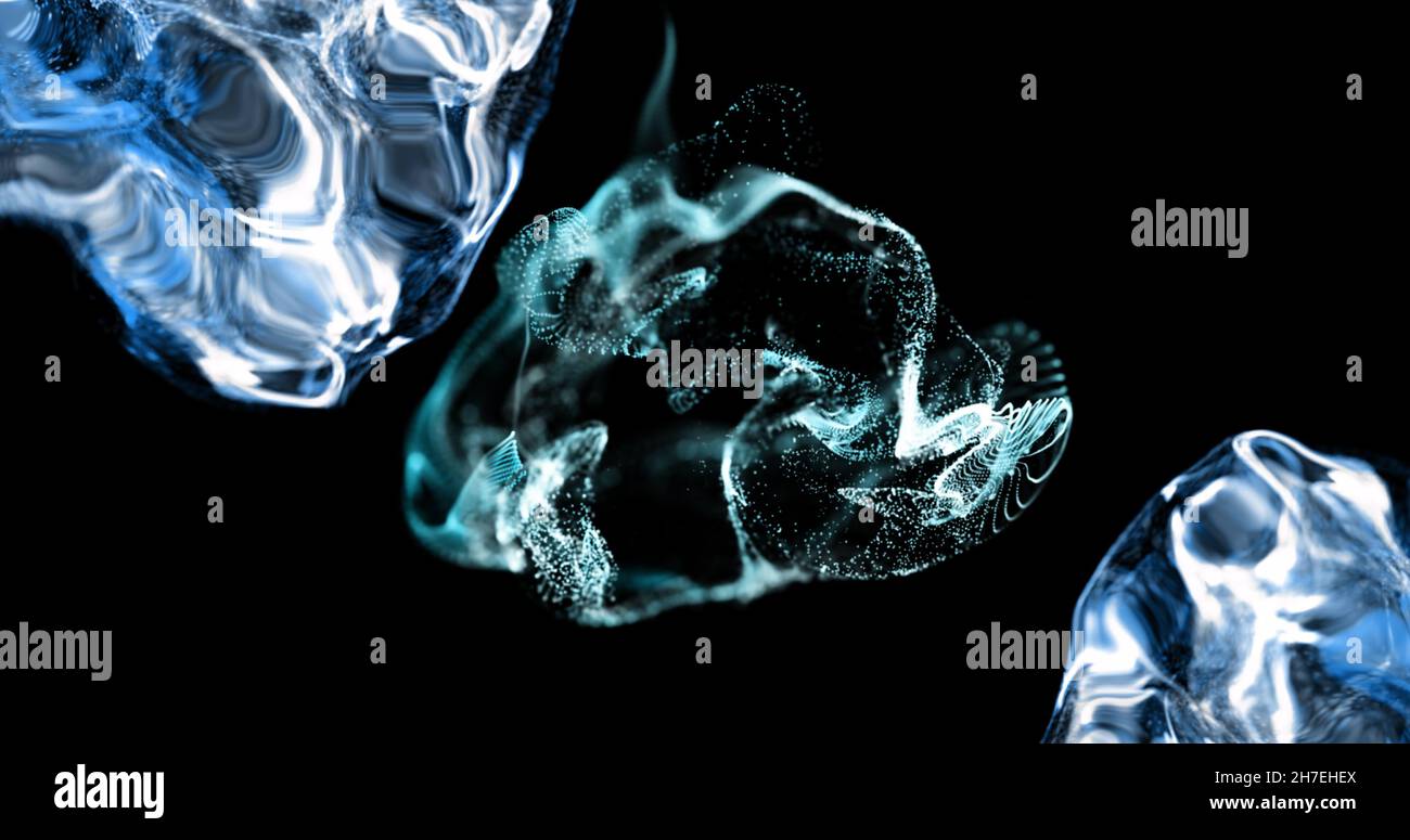 Immagine di particelle e liquidi bianchi e blu che si muovono su sfondo  nero Foto stock - Alamy