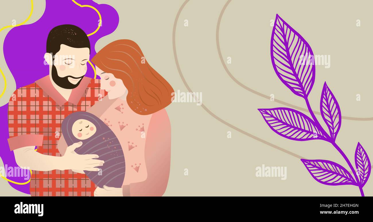Immagine di illustrazione dei genitori sorridenti che tengono il bambino, con le forme organiche e le foglie viola Foto Stock