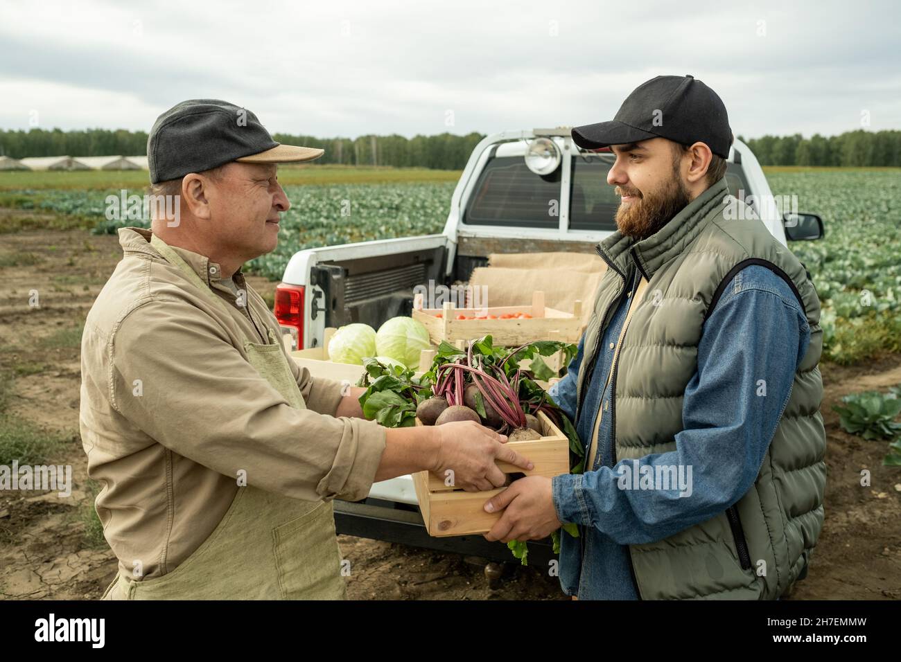Contenuto asiatico in azienda agricola lavoratore in berretto e grembiule dando scatola di verdure fresche al giovane conducente pick-up camion Foto Stock