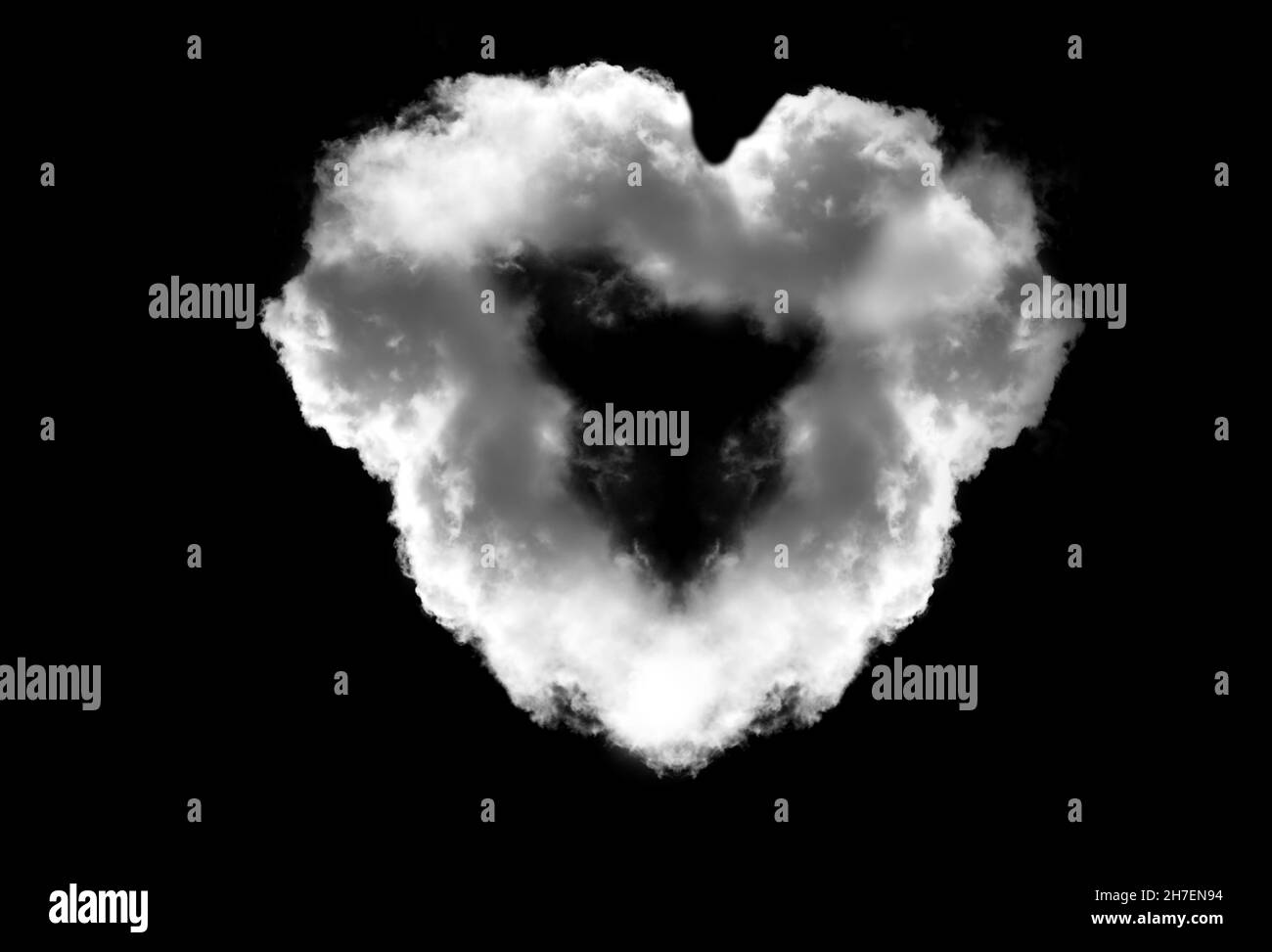 Anello di fumo a forma di cuore isolato su sfondo nero. Illustrazione concettuale dell'amore e della passione romantica Foto Stock