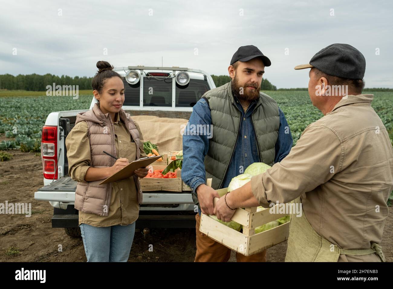 Donna proprietario di piantagione che fa note sul raccolto in appunti mentre coltivatore che passa scatola di cabbages sul campo Foto Stock