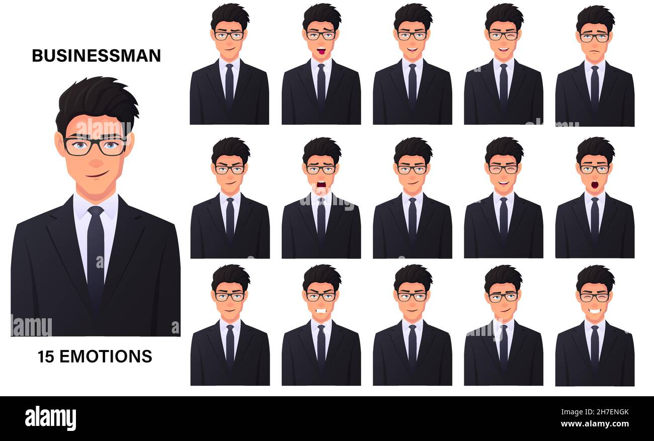 Uomo d'affari che indossa Black Suit Coat emozioni ed espressioni facciali, felice, triste, eccitato, sorridente file Premium Illustrazione Vettoriale