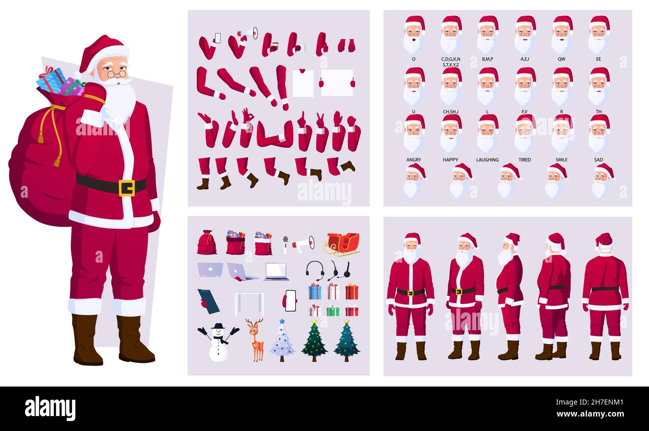Natale Santa personaggio creazione e Face Animation set con cervi, pupazzi, albero, regali, slitta, E file vettoriale azioni diverse Illustrazione Vettoriale