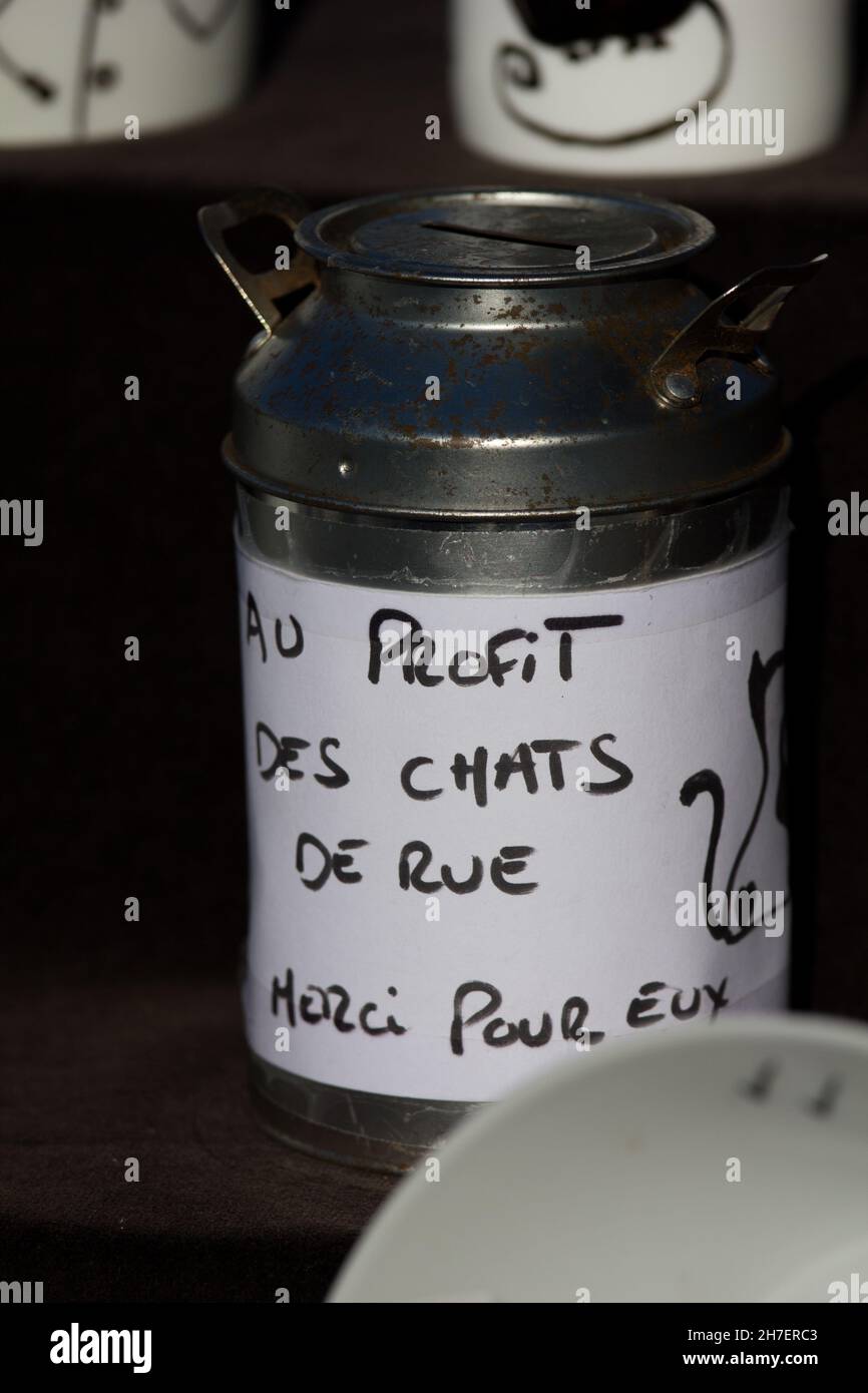 Un barattolo di denaro di beneficenza per un'associazione di beneficenza a le Havre, Francia. Foto Stock