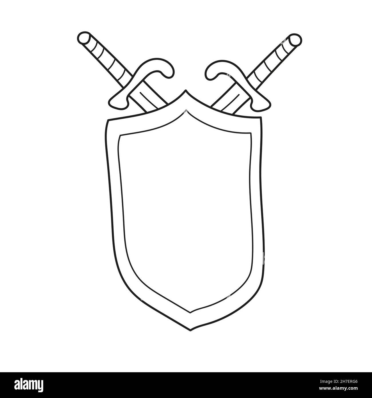 Semplice pagina da colorare. Decorazioni storiche in bianco e nero. La spada medievale e la festa dello scudo puntelli. Illustrazione vettoriale del tema delle fiabe Illustrazione Vettoriale